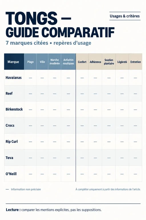 Infographie comparative des principales marques de tongs selon l'usage, le confort et le maintien